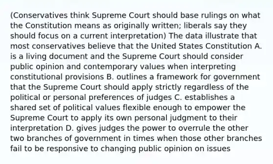 (Conservatives think Supreme Court should base rulings on what the Constitution means as originally written; liberals say they should focus on a current interpretation) The data illustrate that most conservatives believe that the United States Constitution A. is a living document and the Supreme Court should consider public opinion and contemporary values when interpreting constitutional provisions B. outlines a framework for government that the Supreme Court should apply strictly regardless of the political or personal preferences of judges C. establishes a shared set of political values flexible enough to empower the Supreme Court to apply its own personal judgment to their interpretation D. gives judges the power to overrule the other two branches of government in times when those other branches fail to be responsive to changing public opinion on issues