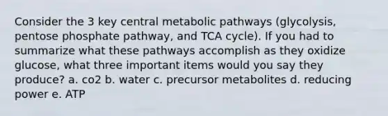 Consider the 3 key central metabolic pathways (glycolysis, pentose phosphate pathway, and TCA cycle). If you had to summarize what these pathways accomplish as they oxidize glucose, what three important items would you say they produce? a. co2 b. water c. precursor metabolites d. reducing power e. ATP