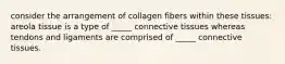 consider the arrangement of collagen fibers within these tissues: areola tissue is a type of _____ connective tissues whereas tendons and ligaments are comprised of _____ connective tissues.