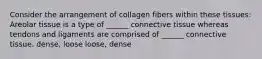 Consider the arrangement of collagen fibers within these tissues: Areolar tissue is a type of ______ connective tissue whereas tendons and ligaments are comprised of ______ connective tissue. dense, loose loose, dense