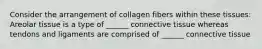 Consider the arrangement of collagen fibers within these tissues: Areolar tissue is a type of ______ connective tissue whereas tendons and ligaments are comprised of ______ connective tissue