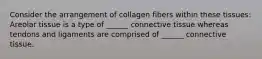 Consider the arrangement of collagen fibers within these tissues: Areolar tissue is a type of ______ connective tissue whereas tendons and ligaments are comprised of ______ connective tissue.