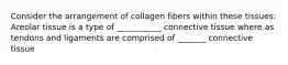 Consider the arrangement of collagen fibers within these tissues: Areolar tissue is a type of ___________ connective tissue where as tendons and ligaments are comprised of _______ connective tissue