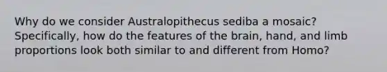 Why do we consider Australopithecus sediba a mosaic? Specifically, how do the features of the brain, hand, and limb proportions look both similar to and different from Homo?