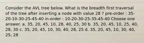 Consider the AVL tree below. What is the breadth first traversal of the tree after inserting a node with value 28 ? pre-order : 35-20-10-30-25-45-40 in-order : 10-20-30-25-35-45-40 Choose one answer. a. 35, 20, 45, 10, 28, 40, 25, 30 b. 35, 20, 45, 10, 25, 40, 28, 30 c. 35, 20, 45, 10, 30, 40, 28, 25 d. 35, 20, 45, 10, 30, 40, 25, 28