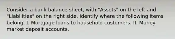 Consider a bank balance sheet, with "Assets" on the left and "Liabilities" on the right side. Identify where the following items belong. I. Mortgage loans to household customers. II. Money market deposit accounts.