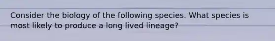 Consider the biology of the following species. What species is most likely to produce a long lived lineage?