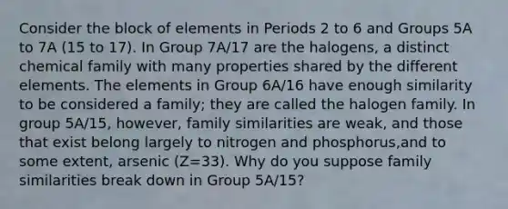 Consider the block of elements in Periods 2 to 6 and Groups 5A to 7A (15 to 17). In Group 7A/17 are the halogens, a distinct chemical family with many properties shared by the different elements. The elements in Group 6A/16 have enough similarity to be considered a family; they are called the halogen family. In group 5A/15, however, family similarities are weak, and those that exist belong largely to nitrogen and phosphorus,and to some extent, arsenic (Z=33). Why do you suppose family similarities break down in Group 5A/15?