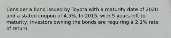 Consider a bond issued by Toyota with a maturity date of 2020 and a stated coupon of 4.5%. In 2015, with 5 years left to maturity, investors owning the bonds are requiring a 2.1% rate of return.