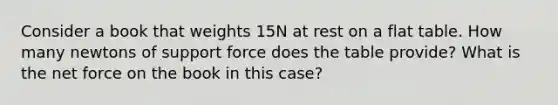 Consider a book that weights 15N at rest on a flat table. How many newtons of support force does the table provide? What is the net force on the book in this case?