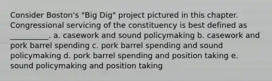 Consider Boston's "Big Dig" project pictured in this chapter. Congressional servicing of the constituency is best defined as __________. a. casework and sound policymaking b. casework and pork barrel spending c. pork barrel spending and sound policymaking d. pork barrel spending and position taking e. sound policymaking and position taking