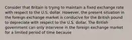 Consider that Britain is trying to maintain a fixed exchange rate with respect to the U.S. dollar. However, the present situation in the foreign exchange market is conducive for the British pound to depreciate with respect to the U.S. dollar. The British government can only intervene in the foreign exchange market for a limited period of time because