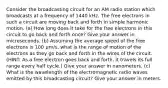 Consider the broadcasting circuit for an AM radio station which broadcasts at a frequency of 1440 kHz. The free electrons in such a circuit are moving back and forth in simple harmonic motion. (a) How long does it take for the free electrons in this circuit to go back and forth once? Give your answer in microseconds. (b) Assuming the average speed of the free electrons is 100 𝜇m/s, what is the range of motion of the electrons as they go back and forth in the wires of the circuit. (HINT: As a free electron goes back and forth, it travels its full range every half cycle.) Give your answer in nanometers. (c) What is the wavelength of the electromagnetic radio waves emitted by this broadcasting circuit? Give your answer in meters.