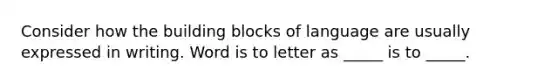 Consider how the building blocks of language are usually expressed in writing. Word is to letter as _____ is to _____.