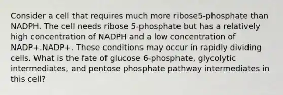 Consider a cell that requires much more ribose5‑phosphate than NADPH. The cell needs ribose 5‑phosphate but has a relatively high concentration of NADPH and a low concentration of NADP+.NADP+. These conditions may occur in rapidly dividing cells. What is the fate of glucose 6‑phosphate, glycolytic intermediates, and pentose phosphate pathway intermediates in this cell?