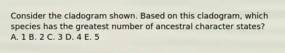 Consider the cladogram shown. Based on this cladogram, which species has the greatest number of ancestral character states? A. 1 B. 2 C. 3 D. 4 E. 5