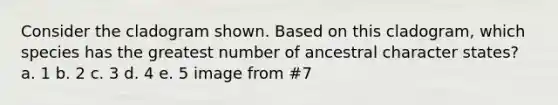 Consider the cladogram shown. Based on this cladogram, which species has the greatest number of ancestral character states? a. 1 b. 2 c. 3 d. 4 e. 5 image from #7