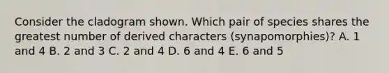 Consider the cladogram shown. Which pair of species shares the greatest number of derived characters (synapomorphies)? A. 1 and 4 B. 2 and 3 C. 2 and 4 D. 6 and 4 E. 6 and 5