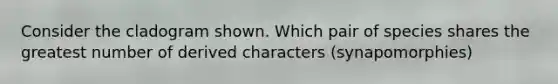 Consider the cladogram shown. Which pair of species shares the greatest number of derived characters (synapomorphies)