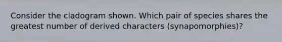Consider the cladogram shown. Which pair of species shares the greatest number of derived characters (synapomorphies)?