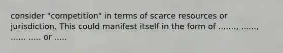 consider "competition" in terms of scarce resources or jurisdiction. This could manifest itself in the form of ......., ......, ...... ..... or .....