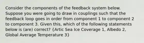 Consider the components of the feedback system below. Suppose you were going to draw in couplings such that the feedback loop goes in order from component 1 to component 2 to component 3. Given this, which of the following statements below is (are) correct? (Artic Sea Ice Coverage 1, Albedo 2, Global Average Temperature 3)