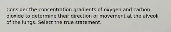 Consider the concentration gradients of oxygen and carbon dioxide to determine their direction of movement at the alveoli of the lungs. Select the true statement.