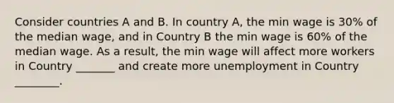 Consider countries A and B. In country A, the min wage is 30% of the median wage, and in Country B the min wage is 60% of the median wage. As a result, the min wage will affect more workers in Country _______ and create more unemployment in Country ________.