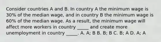 Consider countries A and B. In country A the minimum wage is 30% of the median wage, and in country B the minimum wage is 60% of the median wage. As a result, the minimum wage will affect more workers in country _____ and create more unemployment in country _____. A. A; B B. B; B C. B; A D. A; A