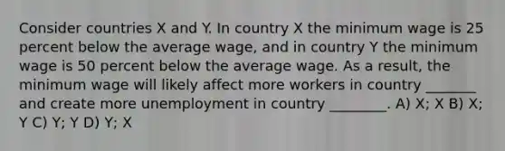 Consider countries X and Y. In country X the minimum wage is 25 percent below the average wage, and in country Y the minimum wage is 50 percent below the average wage. As a result, the minimum wage will likely affect more workers in country _______ and create more unemployment in country ________. A) X; X B) X; Y C) Y; Y D) Y; X