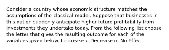 Consider a country whose economic structure matches the assumptions of the classical model. Suppose that businesses in this nation suddenly anticipate higher future profitability from investments they undertake today. From the following list choose the letter that gives the resulting outcome for each of the variables given​ below: I-increase d-Decrease n- No Effect