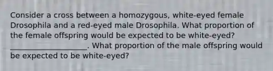 Consider a cross between a homozygous, white-eyed female Drosophila and a red-eyed male Drosophila. What proportion of the female offspring would be expected to be white-eyed? ____________________. What proportion of the male offspring would be expected to be white-eyed?