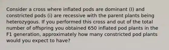 Consider a cross where inflated pods are dominant (I) and constricted pods (i) are recessive with the parent plants being heterozygous. If you performed this cross and out of the total number of offspring you obtained 650 inflated pod plants in the F1 generation, approximately how many constricted pod plants would you expect to have?