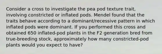 Consider a cross to investigate the pea pod texture trait, involving constricted or inflated pods. Mendel found that the traits behave according to a dominant/recessive pattern in which inflated pods were dominant. If you performed this cross and obtained 650 inflated-pod plants in the F2 generation bred from true-breeding stock, approximately how many constricted-pod plants would you expect to have?