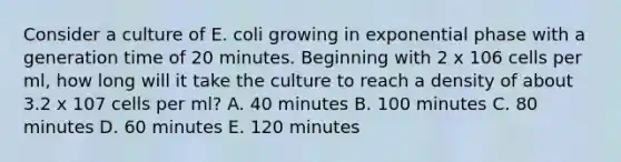 Consider a culture of E. coli growing in exponential phase with a generation time of 20 minutes. Beginning with 2 x 106 cells per ml, how long will it take the culture to reach a density of about 3.2 x 107 cells per ml? A. 40 minutes B. 100 minutes C. 80 minutes D. 60 minutes E. 120 minutes