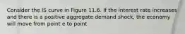 Consider the IS curve in Figure 11.6. If the interest rate increases and there is a positive aggregate demand shock, the economy will move from point e to point