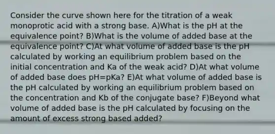 Consider the curve shown here for the titration of a weak monoprotic acid with a strong base. A)What is the pH at the equivalence point? B)What is the volume of added base at the equivalence point? C)At what volume of added base is the pH calculated by working an equilibrium problem based on the initial concentration and Ka of the weak acid? D)At what volume of added base does pH=pKa? E)At what volume of added base is the pH calculated by working an equilibrium problem based on the concentration and Kb of the conjugate base? F)Beyond what volume of added base is the pH calculated by focusing on the amount of excess strong based added?