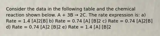 Consider the data in the following table and the chemical reaction shown below. A + 3B → 2C. The rate expression is: a) Rate = 1.4 [A]2[B] b) Rate = 0.74 [A] [B]2 c) Rate = 0.74 [A]2[B] d) Rate = 0.74 [A]2 [B]2 e) Rate = 1.4 [A] [B]2