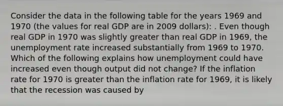 Consider the data in the following table for the years 1969 and 1970​ (the values for real GDP are in 2009​ dollars): . Even though real GDP in 1970 was slightly greater than real GDP in​ 1969, the unemployment rate increased substantially from 1969 to 1970. Which of the following explains how unemployment could have increased even though output did not​ change? If the inflation rate for 1970 is greater than the inflation rate for​ 1969, it is likely that the recession was caused by