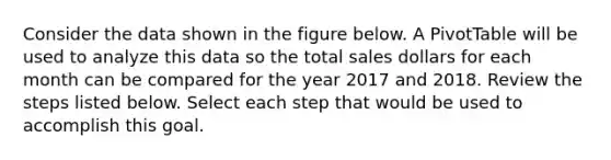 Consider the data shown in the figure below. A PivotTable will be used to analyze this data so the total sales dollars for each month can be compared for the year 2017 and 2018. Review the steps listed below. Select each step that would be used to accomplish this goal.