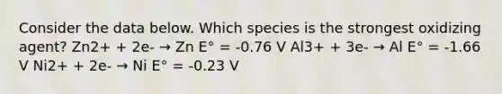 Consider the data below. Which species is the strongest oxidizing agent? Zn2+ + 2e- → Zn E° = -0.76 V Al3+ + 3e- → Al E° = -1.66 V Ni2+ + 2e- → Ni E° = -0.23 V