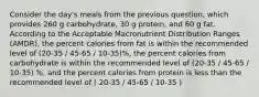 Consider the day's meals from the previous question, which provides 260 g carbohydrate, 30 g protein, and 60 g fat. According to the Acceptable Macronutrient Distribution Ranges (AMDR), the percent calories from fat is within the recommended level of (20-35 / 45-65 / 10-35)%, the percent calories from carbohydrate is within the recommended level of (20-35 / 45-65 / 10-35) %, and the percent calories from protein is less than the recommended level of ( 20-35 / 45-65 / 10-35 )