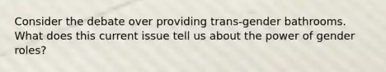 Consider the debate over providing trans-gender bathrooms. What does this current issue tell us about the power of gender roles?