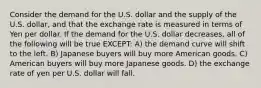 Consider the demand for the U.S. dollar and the supply of the U.S. dollar, and that the exchange rate is measured in terms of Yen per dollar. If the demand for the U.S. dollar decreases, all of the following will be true EXCEPT: A) the demand curve will shift to the left. B) Japanese buyers will buy more American goods. C) American buyers will buy more Japanese goods. D) the exchange rate of yen per U.S. dollar will fall.