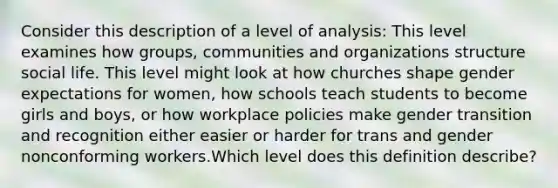 Consider this description of a level of analysis: This level examines how groups, communities and organizations structure social life. This level might look at how churches shape gender expectations for women, how schools teach students to become girls and boys, or how workplace policies make gender transition and recognition either easier or harder for trans and gender nonconforming workers.Which level does this definition describe?