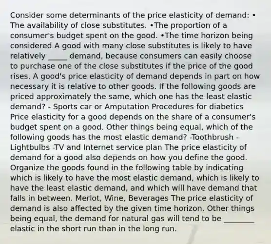 Consider some determinants of the price elasticity of demand: • The availability of close substitutes. •The proportion of a consumer's budget spent on the good. •The time horizon being considered A good with many close substitutes is likely to have relatively _____ demand, because consumers can easily choose to purchase one of the close substitutes if the price of the good rises. A good's price elasticity of demand depends in part on how necessary it is relative to other goods. If the following goods are priced approximately the same, which one has the least elastic demand? - Sports car or Amputation Procedures for diabetics Price elasticity for a good depends on the share of a consumer's budget spent on a good. Other things being equal, which of the following goods has the most elastic demand? -Toothbrush -Lightbulbs -TV and Internet service plan The price elasticity of demand for a good also depends on how you define the good. Organize the goods found in the following table by indicating which is likely to have the most elastic demand, which is likely to have the least elastic demand, and which will have demand that falls in between. Merlot, Wine, Beverages The price elasticity of demand is also affected by the given time horizon. Other things being equal, the demand for natural gas will tend to be ________ elastic in the short run than in the long run.