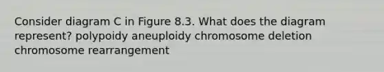 Consider diagram C in Figure 8.3. What does the diagram represent? polypoidy aneuploidy chromosome deletion chromosome rearrangement