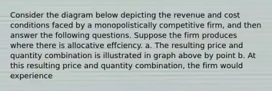 Consider the diagram below depicting the revenue and cost conditions faced by a monopolistically competitive firm, and then answer the following questions. Suppose the firm produces where there is allocative effciency. a. The resulting price and quantity combination is illustrated in graph above by point b. At this resulting price and quantity combination, the firm would experience