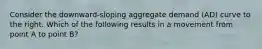 Consider the downward-sloping aggregate demand (AD) curve to the right. Which of the following results in a movement from point A to point B?