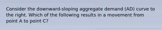 Consider the downward-sloping aggregate demand (AD) curve to the right. Which of the following results in a movement from point A to point C?